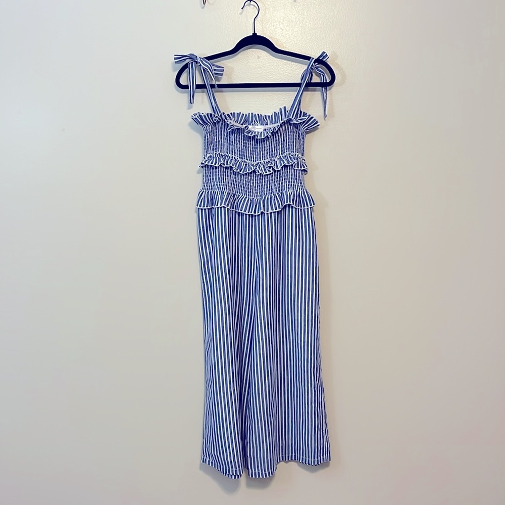 TEE INK Blue and White Striped Smocked Jumpsuit. Tie Shoulder. Sz 8